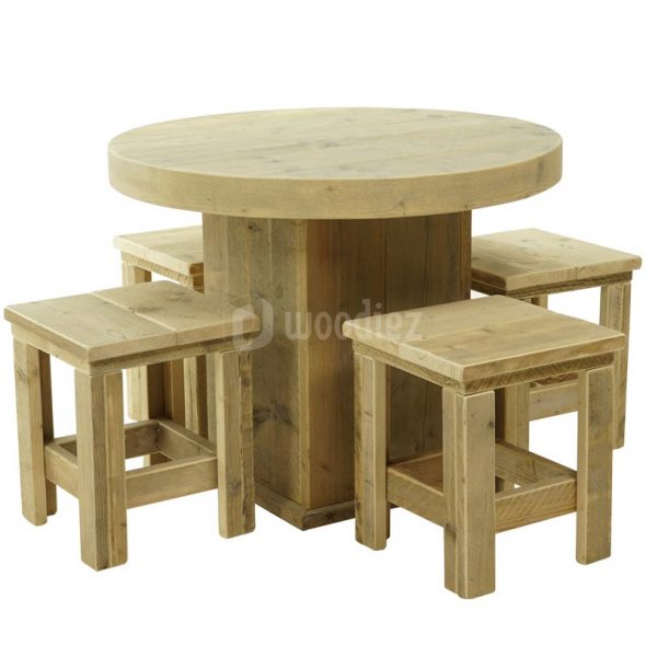 Steigerhout tafel rond met krukken