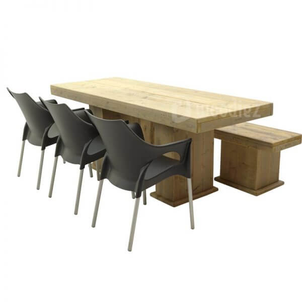 Steigerhouten tafel met steigerhouten bank en design stoelen huren