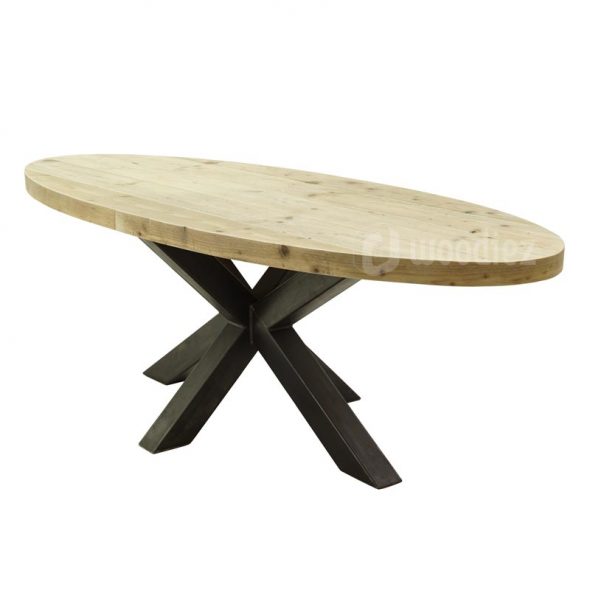 Ovale industriële tafel van steigerhout met opvallende stalen middenpoot en ovale tafelblad