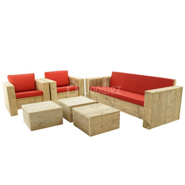 Robuuste steigerhouten loungeset op maat met rode kussens