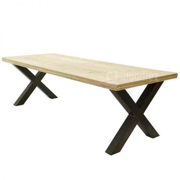 Industriële steigerhouten eetkamertafel met X-poot en steigerhouten tafelblad met horizontale plank op maat